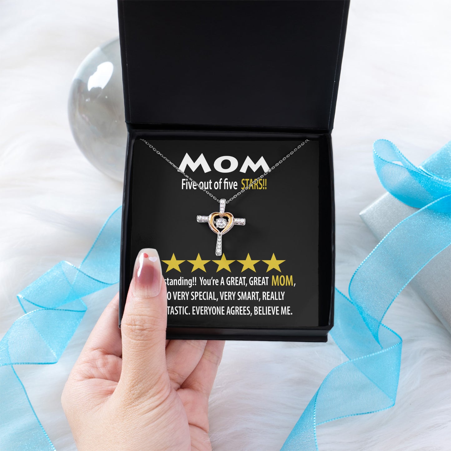 Mom - Five of Five Stars Outstanding You're A Great, Great Mom Cross Pendant Necklace