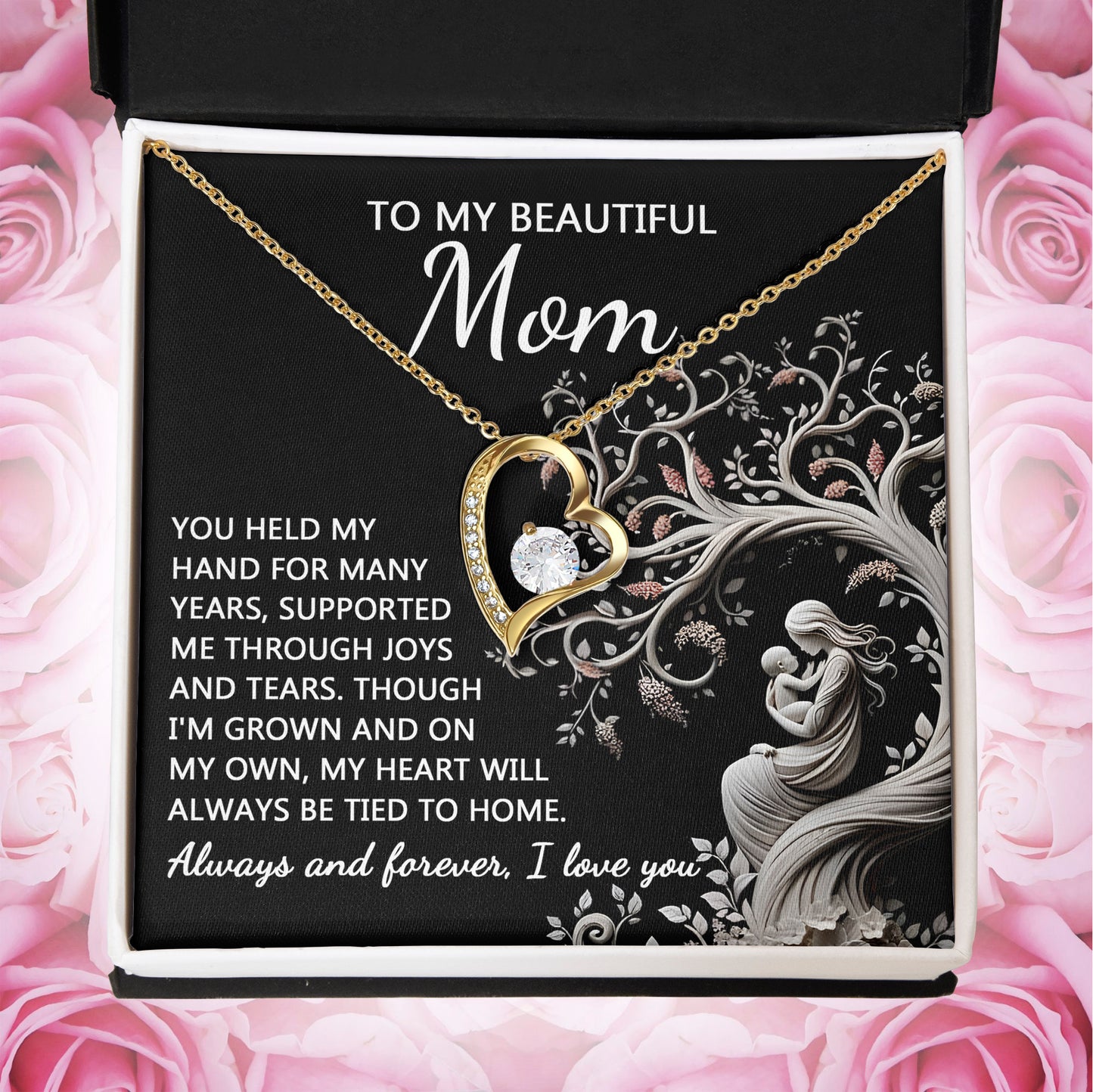 To My Beautiful Mom My Heart Will Always Be Tied to Home Forever Love Heart Pendant Necklace