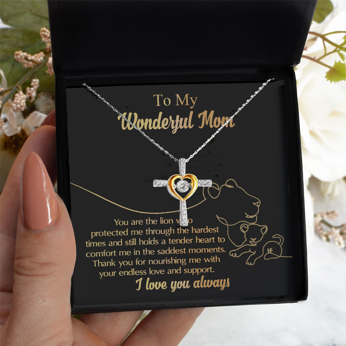 To My Wonderful Mom You Are The Lion that Protected, Supported and Nourished Me Cross Pendant Necklace