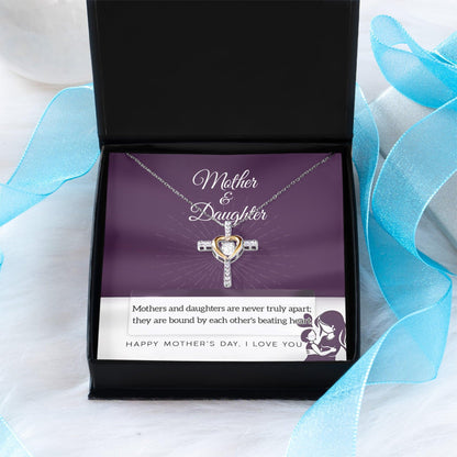 Mother Jewelry Gift - Mother and Daughter Bound by Heart Cross Pendant Necklace