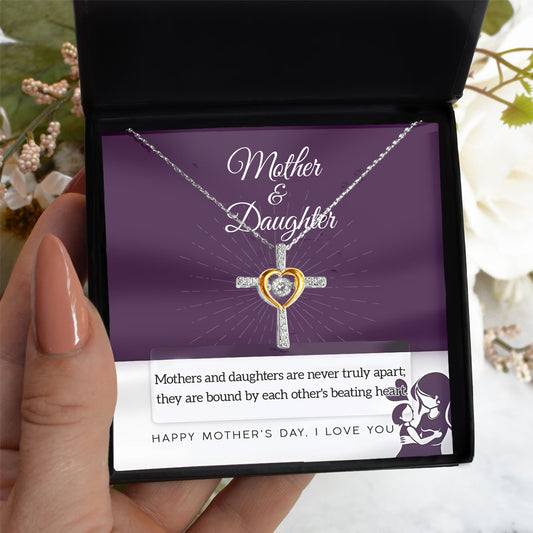 Mother Jewelry Gift - Mother and Daughter Bound by Heart Cross Pendant Necklace