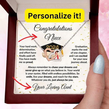 Niece Jewelry Graduation Class of 2024 Personalized Interlocking Hearts Pendant Necklace with Heartfelt Message and Gift Box