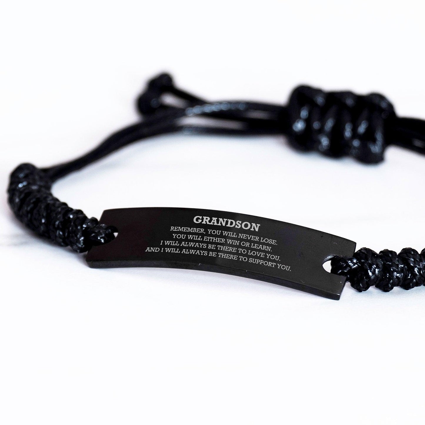 Grandson Braided Leather Rope Bracelet, Remember, You Will Never Lose, You Will Either Win or Learn, Black Leather Engraved Bracelet for your Grandson, Birthday, Christmas Gifts Ideas - Mallard Moon Gift Shop