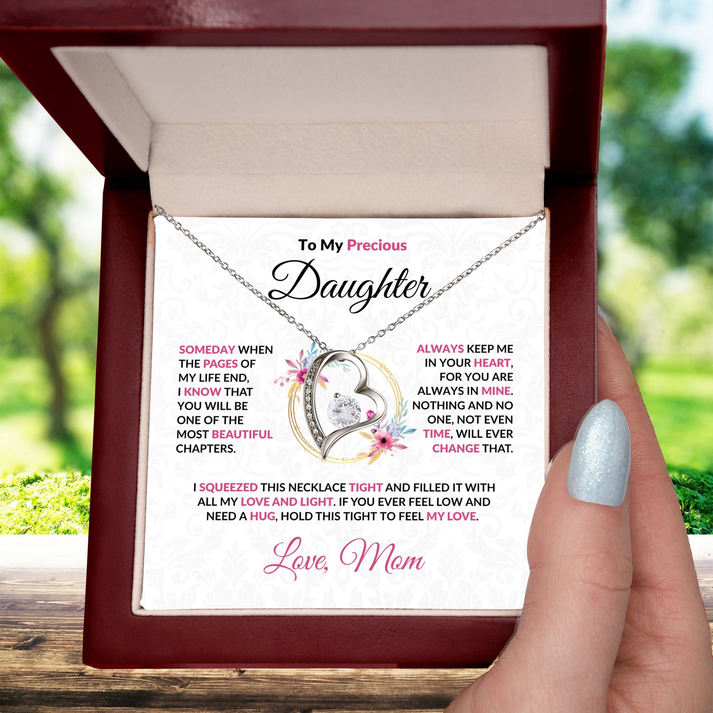 To My Precious Daughter Forever Love Pendant Necklace with Message Card and Gift Box