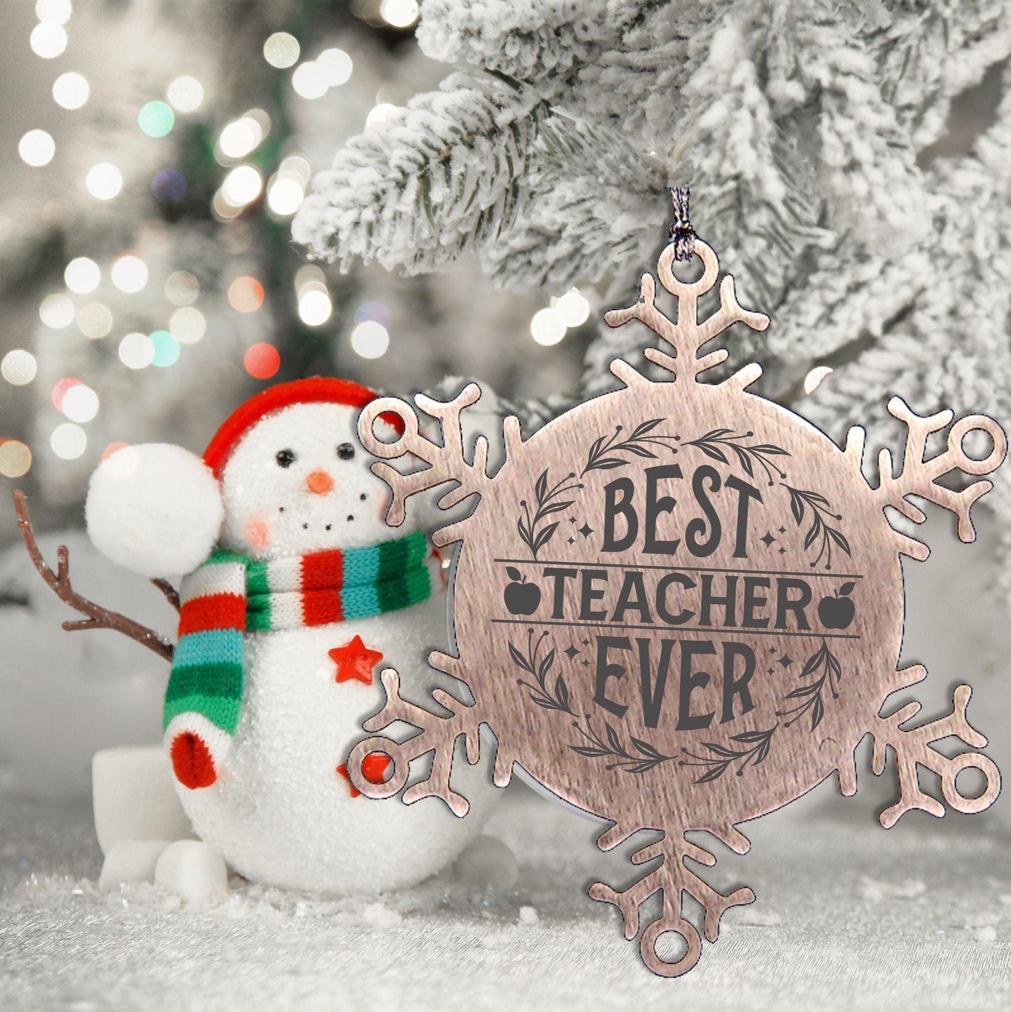 Teacher Gift, Best Teacher Ever, Snowflake Laser Engraved Steel Christmas Ornament, Inspirational Gifts, Novelty Gifts for Men, Women, Coworkers, Keepsake Teacher Ornament