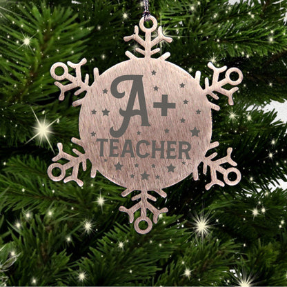 Teacher Ornament - A Plus Teacher - Stainless Steel Laser-engraved Snowflake Ornament – Durable, Shatterproof Seasonal Decor