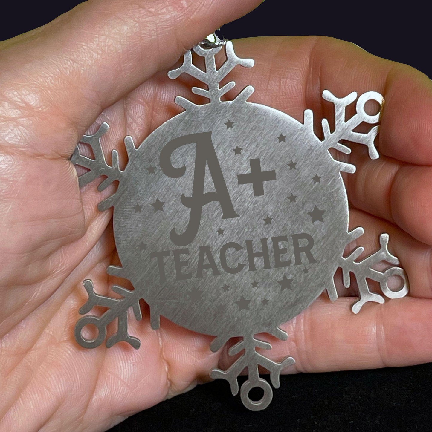 Teacher Ornament - A Plus Teacher - Stainless Steel Laser-engraved Snowflake Ornament – Durable, Shatterproof Seasonal Decor