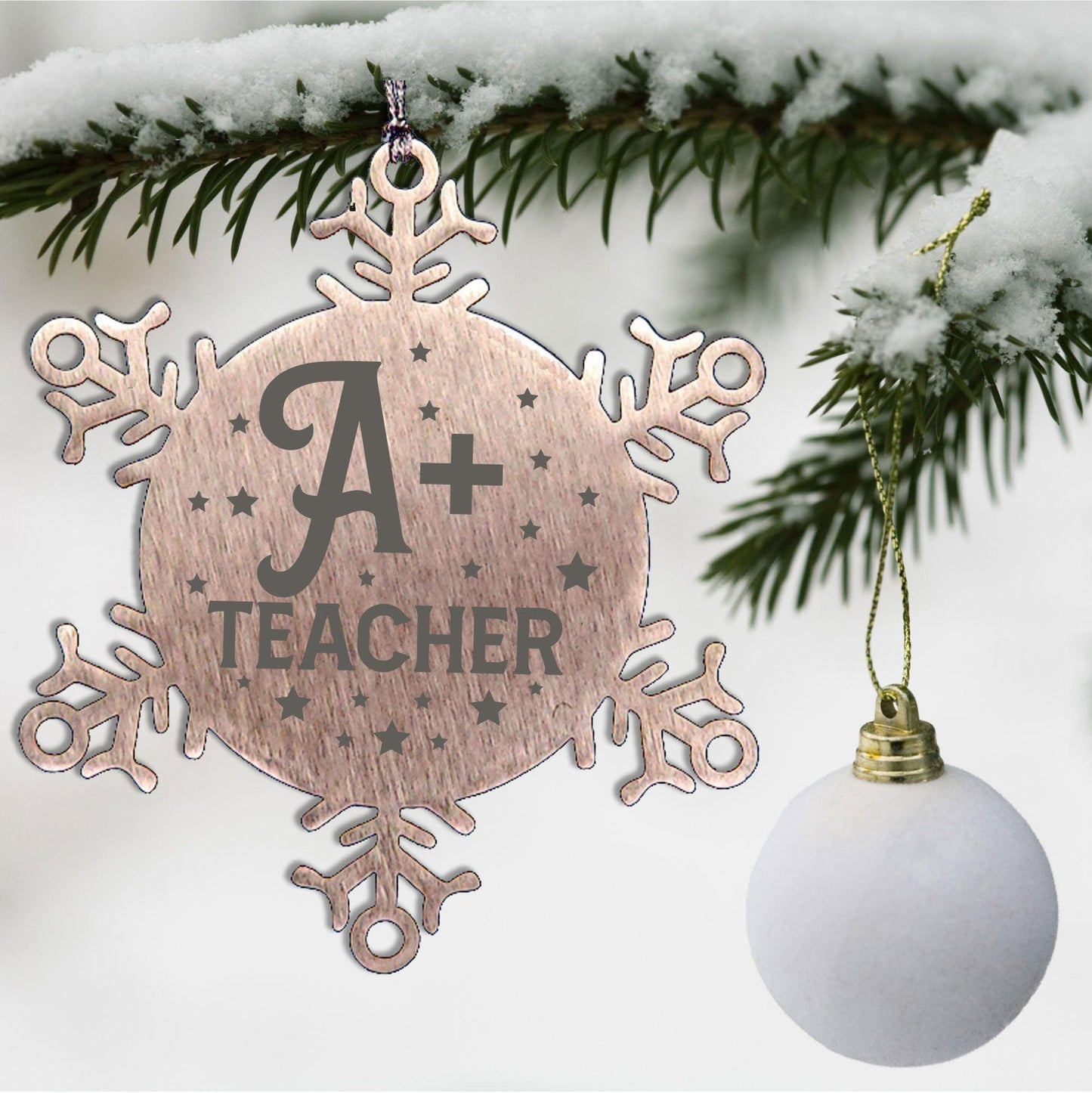 Teacher Ornament - A Plus Teacher - Stainless Steel Laser-engraved Snowflake Ornament – Durable, Shatterproof Seasonal Decor