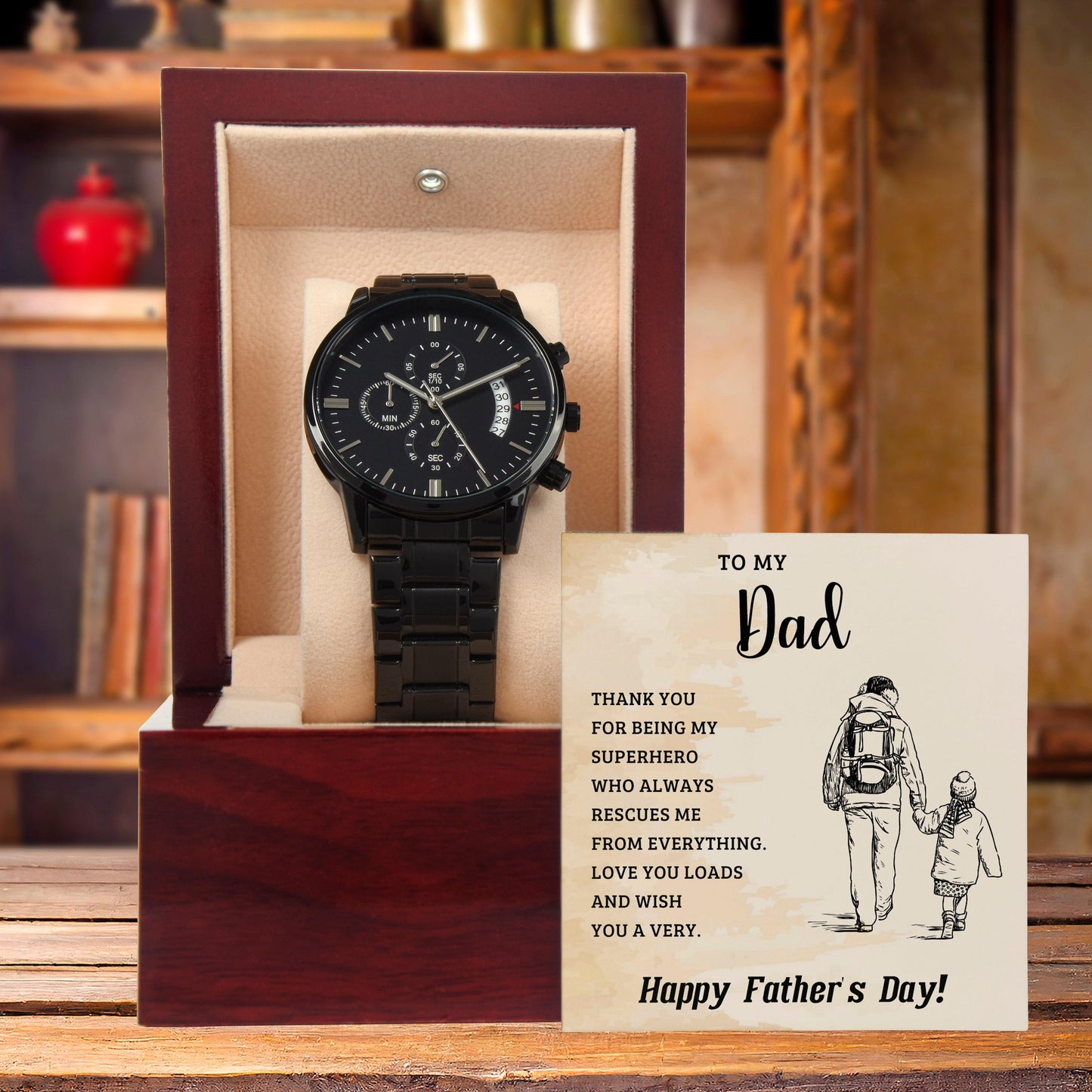 To My Dad My Superhero Black Chronograph Watch