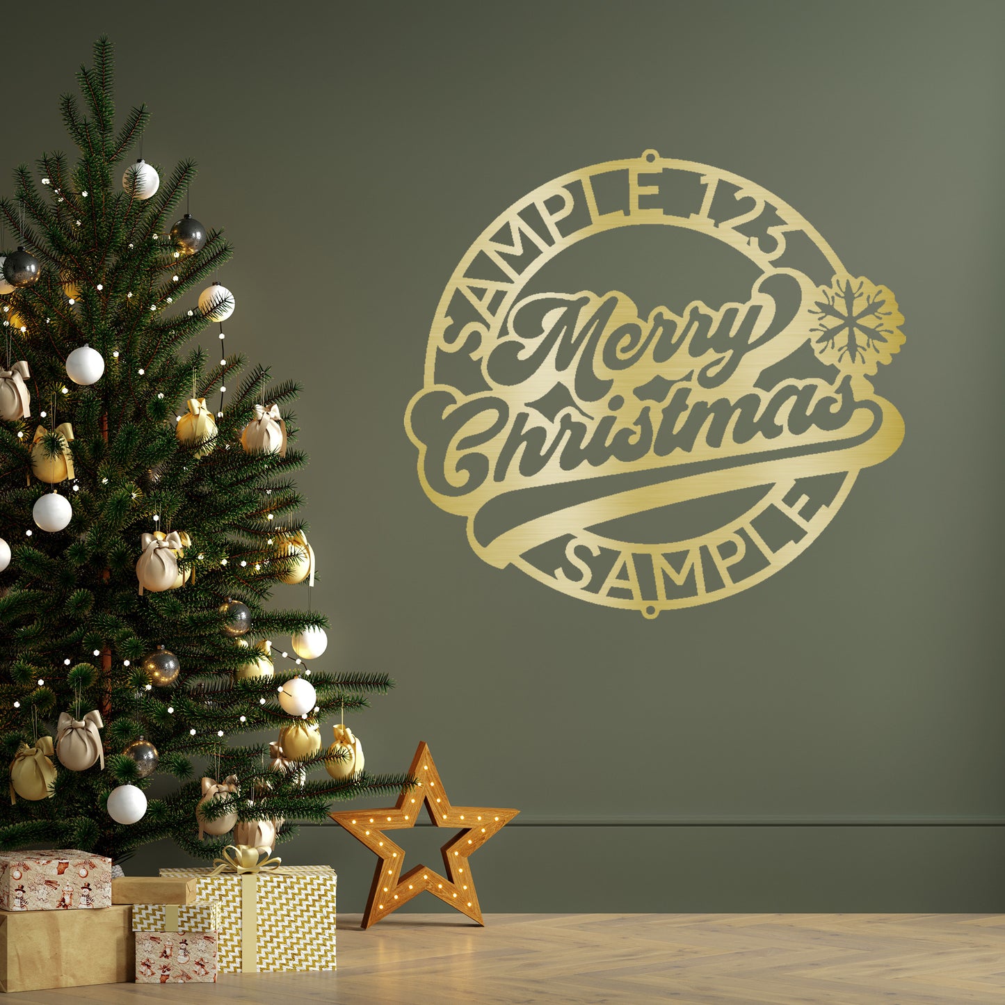 Merry Christmas Ring Custom Family Name Indoor Outdoor Steel Wall Sign Holiday Home Décor