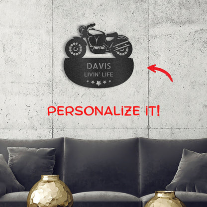 Personalized Motorcycle Metal Wall Sign – Custom Name Laser-Cut Steel Art for Indoors & Outdoors