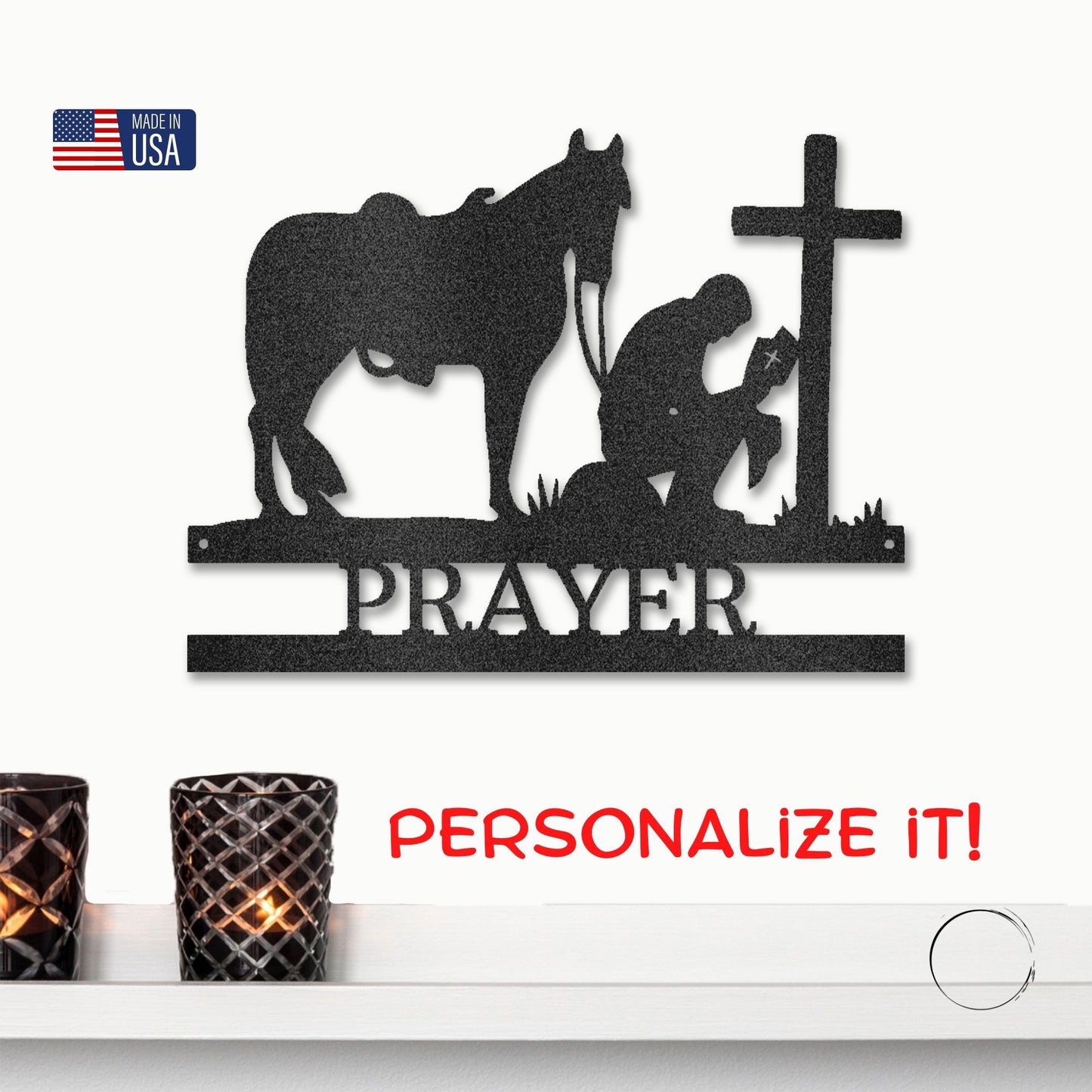 Praying Cowboy with Horse Kneeling at Cross Custom Name Metal Wall Art