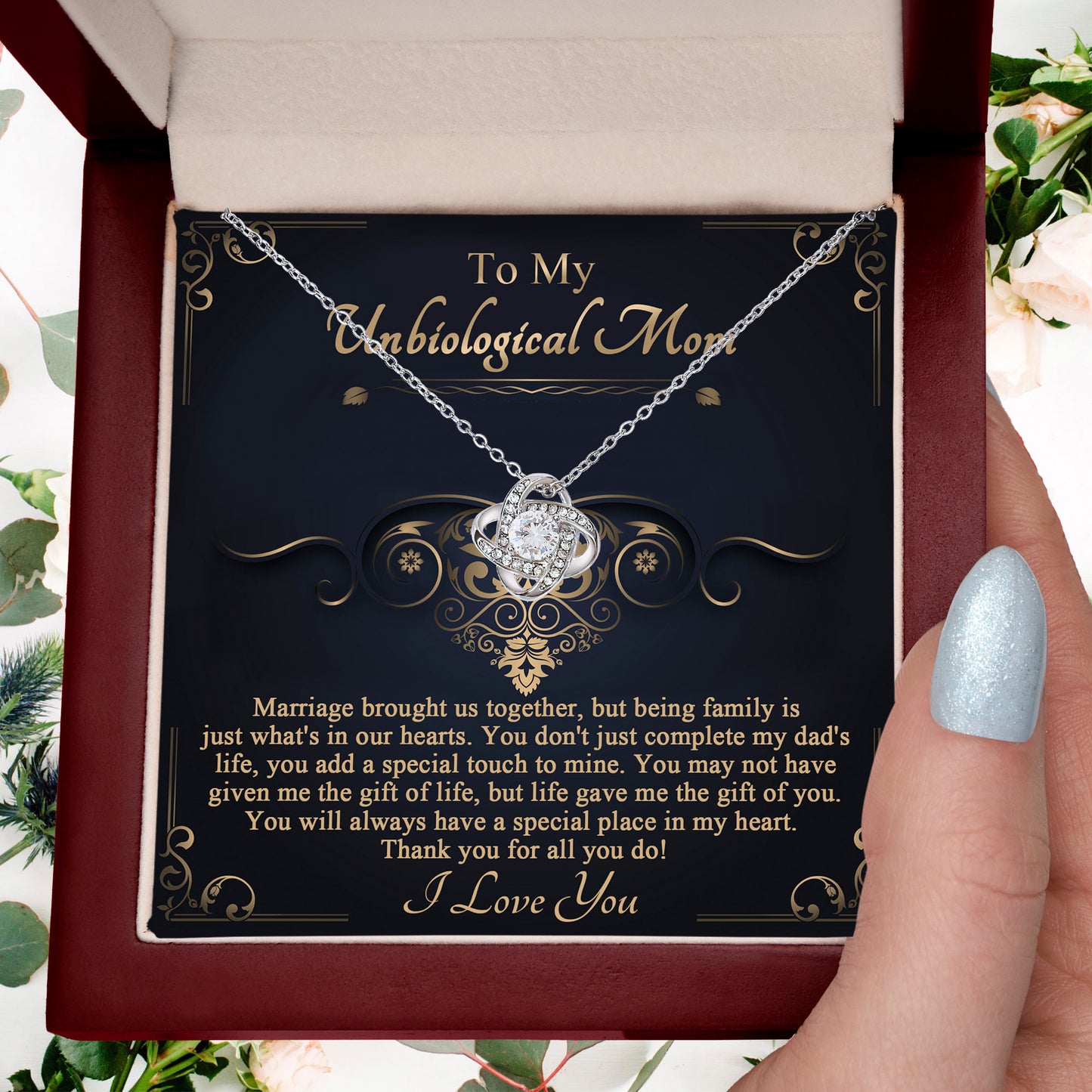 Gift for Unbiological Mother You Complete my Dad's Life Love Knot Pendant Necklace