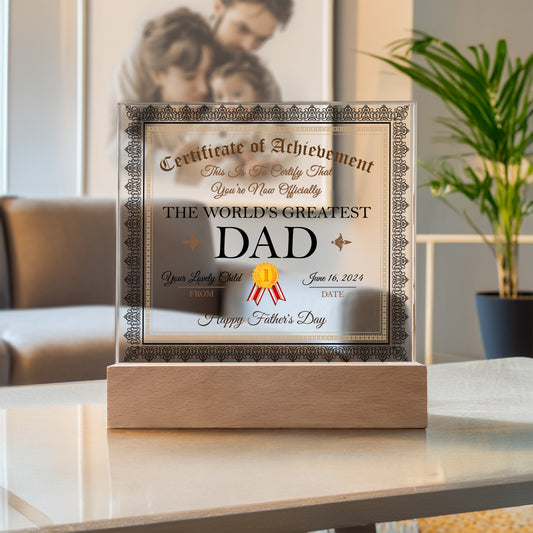 Father's Day Gift Certificate of Achievement for The World's Greatest Dad Personalized Acrylic Plaque