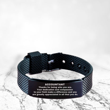 Accountant Black Shark Mesh Stainless Steel Engraved Bracelet - Thanks for being who you are - Birthday Christmas Jewelry Gifts Coworkers Colleague Boss - Mallard Moon Gift Shop