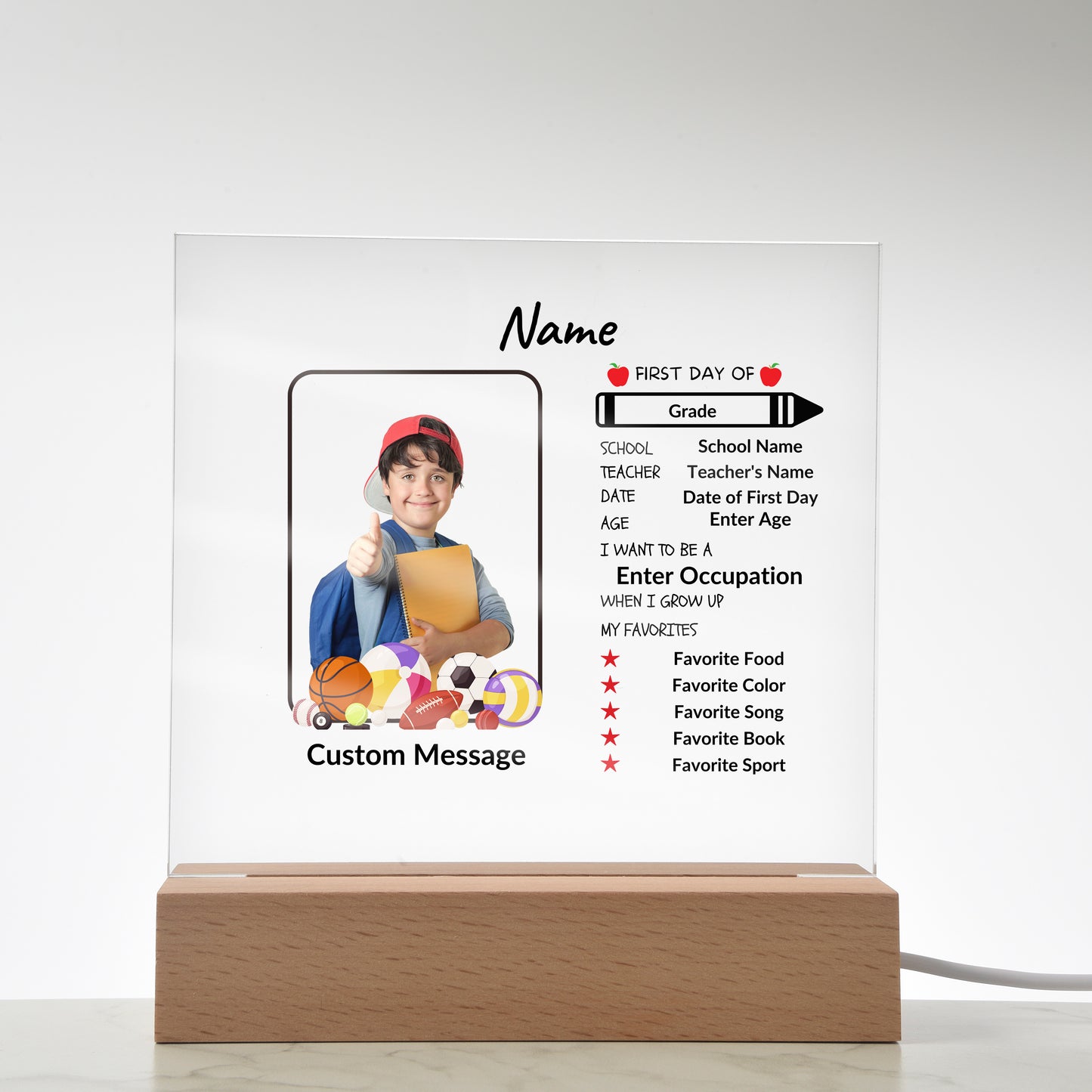 First Day of School Stats and Photo Upload Personalized Keepsake Acrylic Plaque