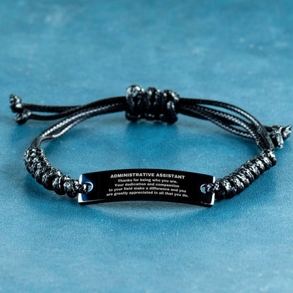 Administrative Assistant Black Braided Leather Rope Engraved Bracelet - Thanks for being who you are - Birthday Christmas Jewelry Gifts Coworkers Colleague Boss - Mallard Moon Gift Shop