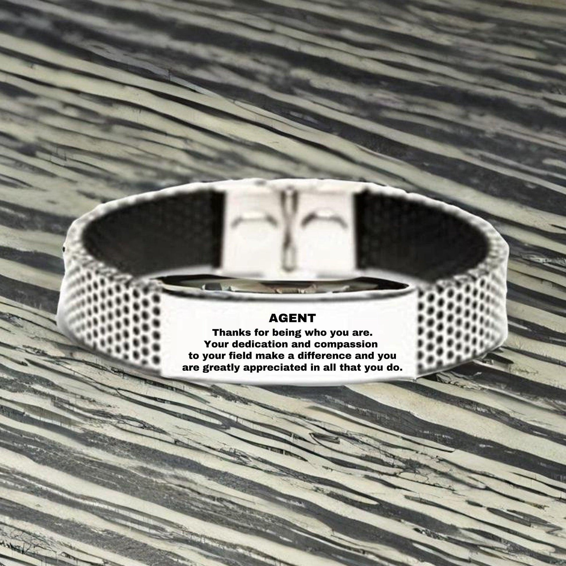 Agent Silver Shark Mesh Stainless Steel Engraved Bracelet - Thanks for being who you are - Birthday Christmas Jewelry Gifts Coworkers Colleague Boss - Mallard Moon Gift Shop