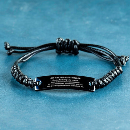 Air Traffic Controller Black Braided Leather Rope Engraved Bracelet - Thanks for being who you are - Birthday Christmas Jewelry Gifts Coworkers Colleague Boss - Mallard Moon Gift Shop