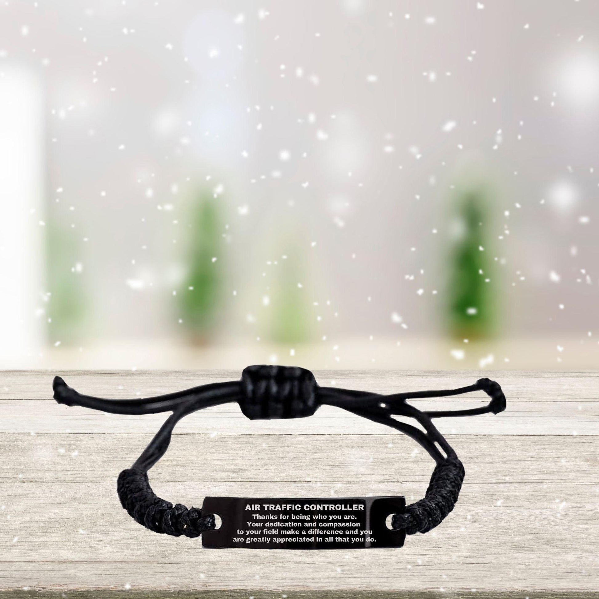 Air Traffic Controller Black Braided Leather Rope Engraved Bracelet - Thanks for being who you are - Birthday Christmas Jewelry Gifts Coworkers Colleague Boss - Mallard Moon Gift Shop