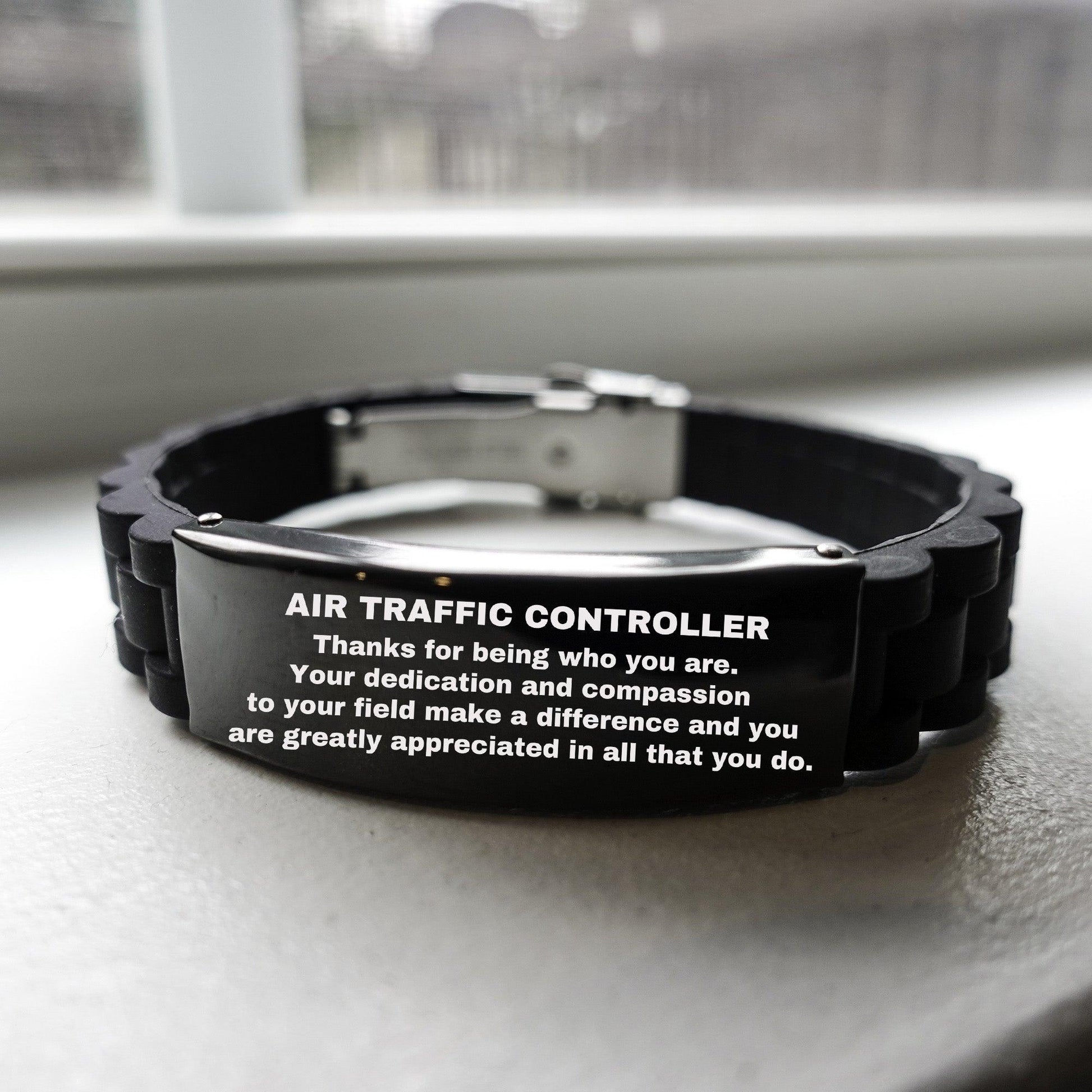 Air Traffic Controller Black Glidelock Clasp Engraved Bracelet - Thanks for being who you are - Birthday Christmas Jewelry Gifts Coworkers Colleague Boss - Mallard Moon Gift Shop