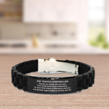 Air Traffic Controller Black Glidelock Clasp Engraved Bracelet - Thanks for being who you are - Birthday Christmas Jewelry Gifts Coworkers Colleague Boss - Mallard Moon Gift Shop