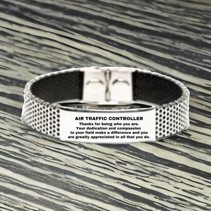 Air Traffic Controller Silver Shark Mesh Stainless Steel Engraved Bracelet - Thanks for being who you are - Birthday Christmas Jewelry Gifts Coworkers Colleague Boss - Mallard Moon Gift Shop