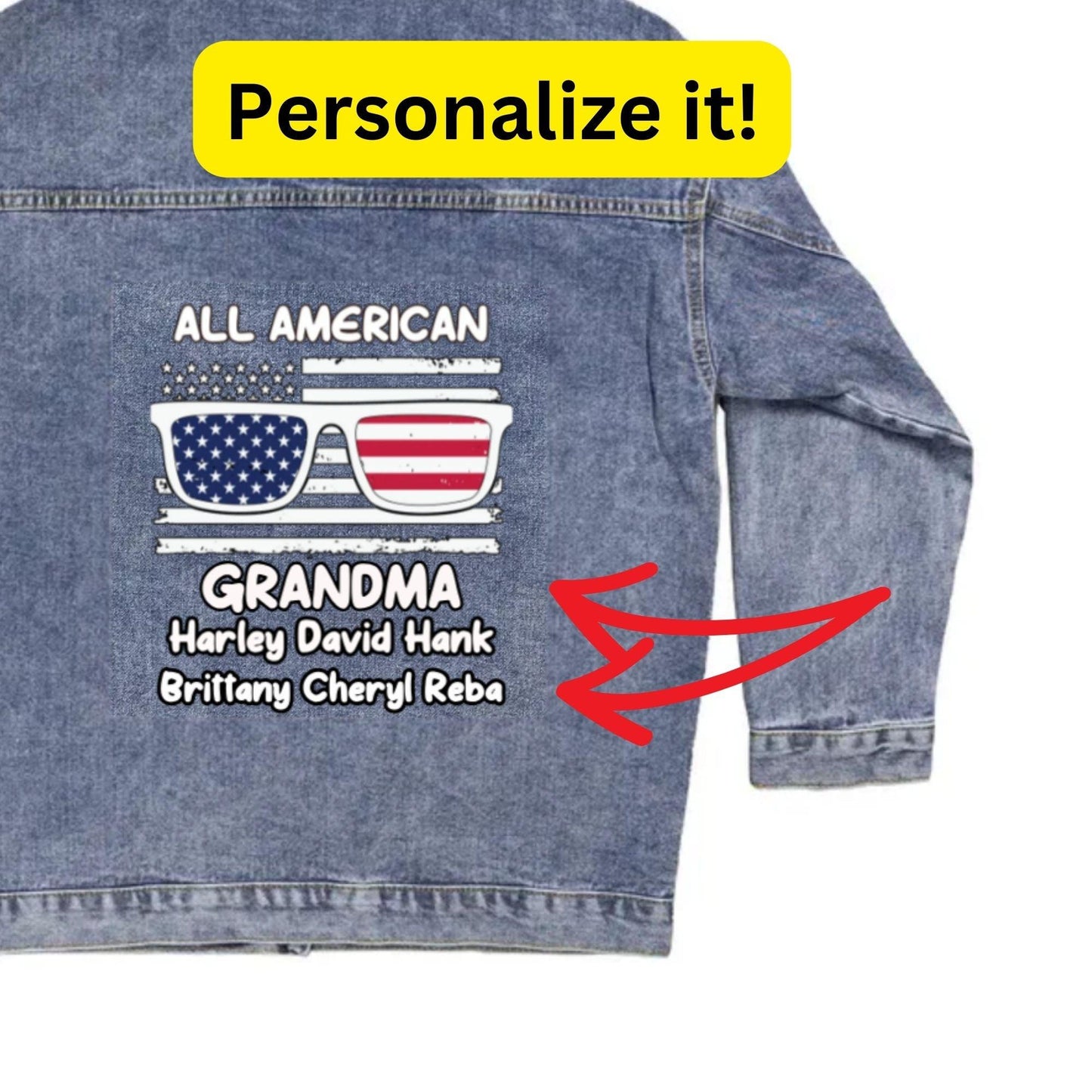 All American Grandma - Gigi - Nana - Mom- Personalized Denim Jacket - Mallard Moon Gift Shop