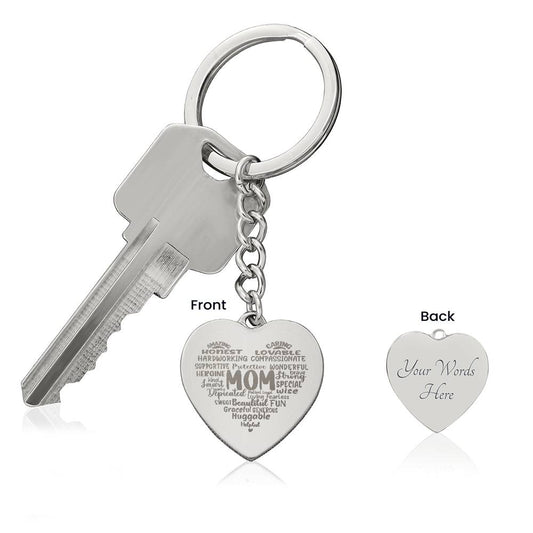 Mom Word Art Personalized Engraved Heart Keychain