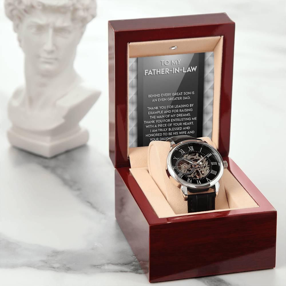 To My Father-in-Law Behind every Great Son is an Even Greater Dad Men's Openwork Watch with Gift Box