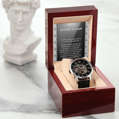 To My Father-in-Law Behind every Great Son is an Even Greater Dad Men's Openwork Watch with Gift Box