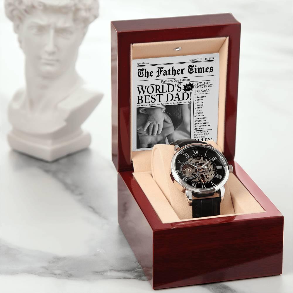 Dad Gift - Headline on The Father Times - World's Best Dad Men's Openwork Watch with Gift Box