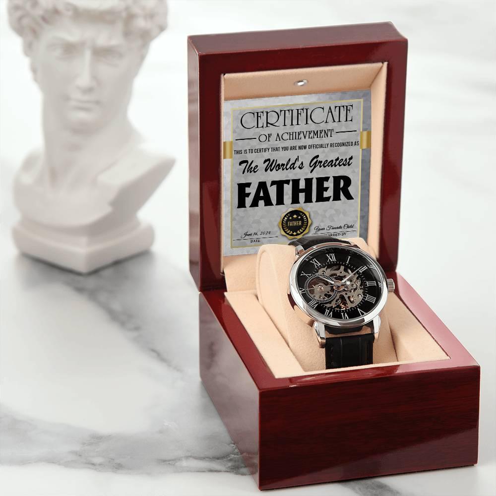 Dad Certificate of Achievement for the World's Greatest Father Men's Openwork Watch with Gift Box