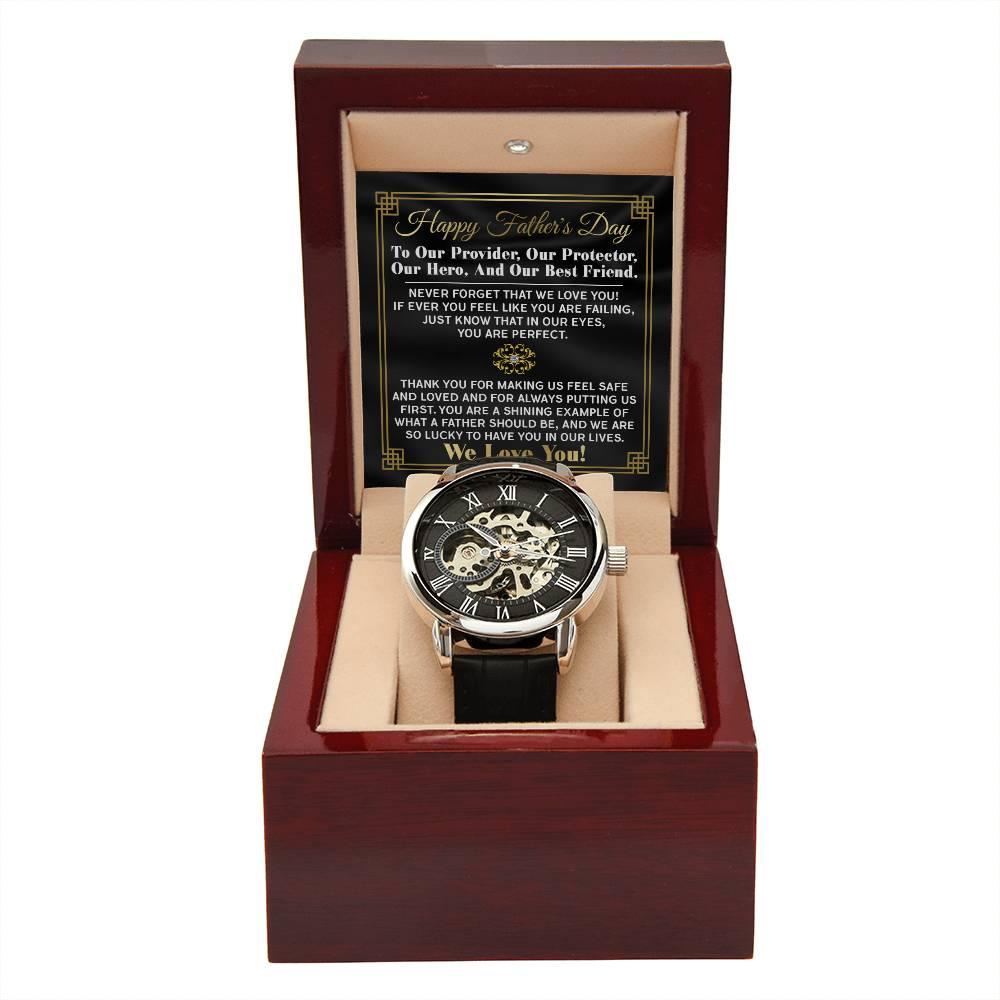 Dad Gift -Our Provider, Protector, Hero, Best Friend Men's Openwork Watch with Gift Box