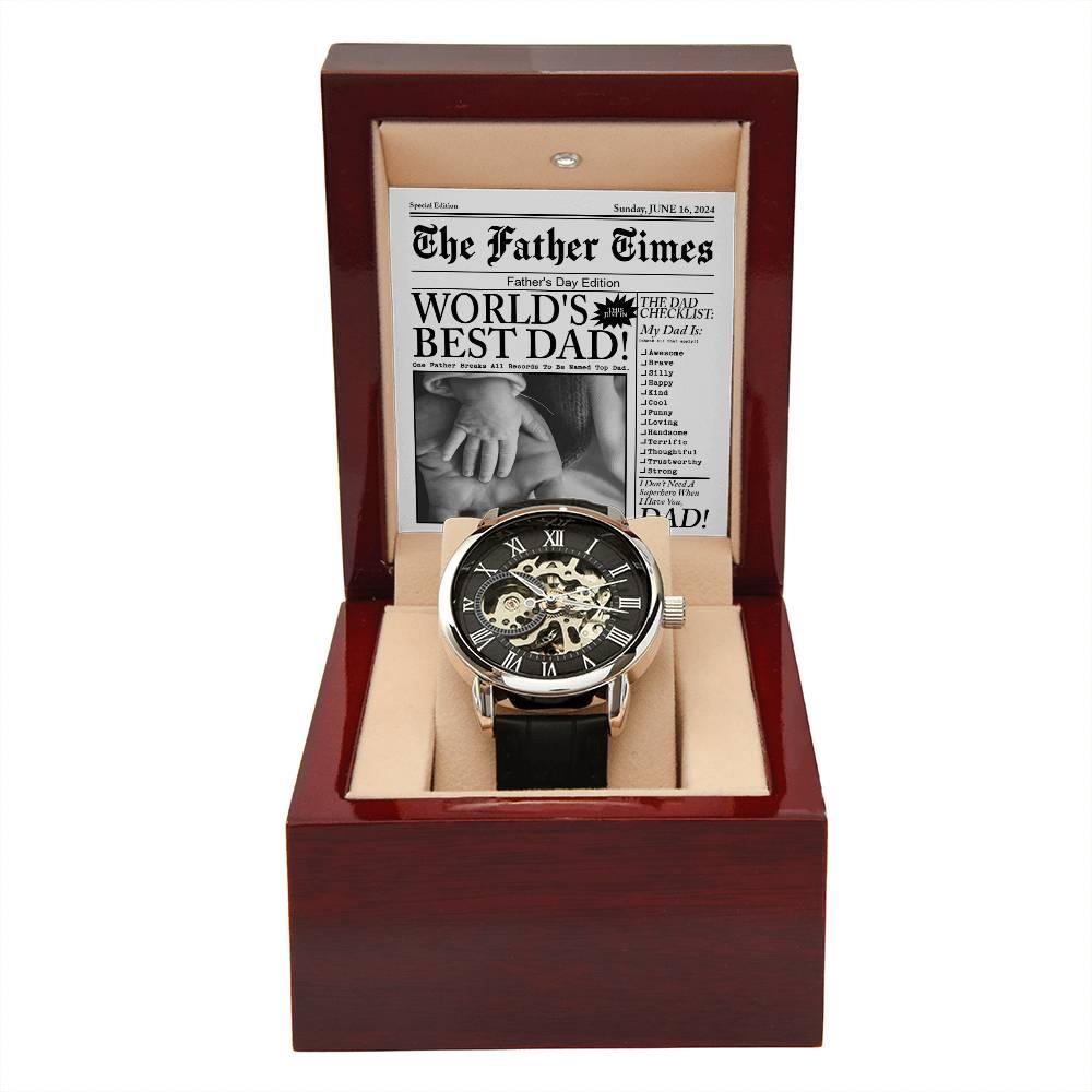 Dad Gift - Headline on The Father Times - World's Best Dad Men's Openwork Watch with Gift Box