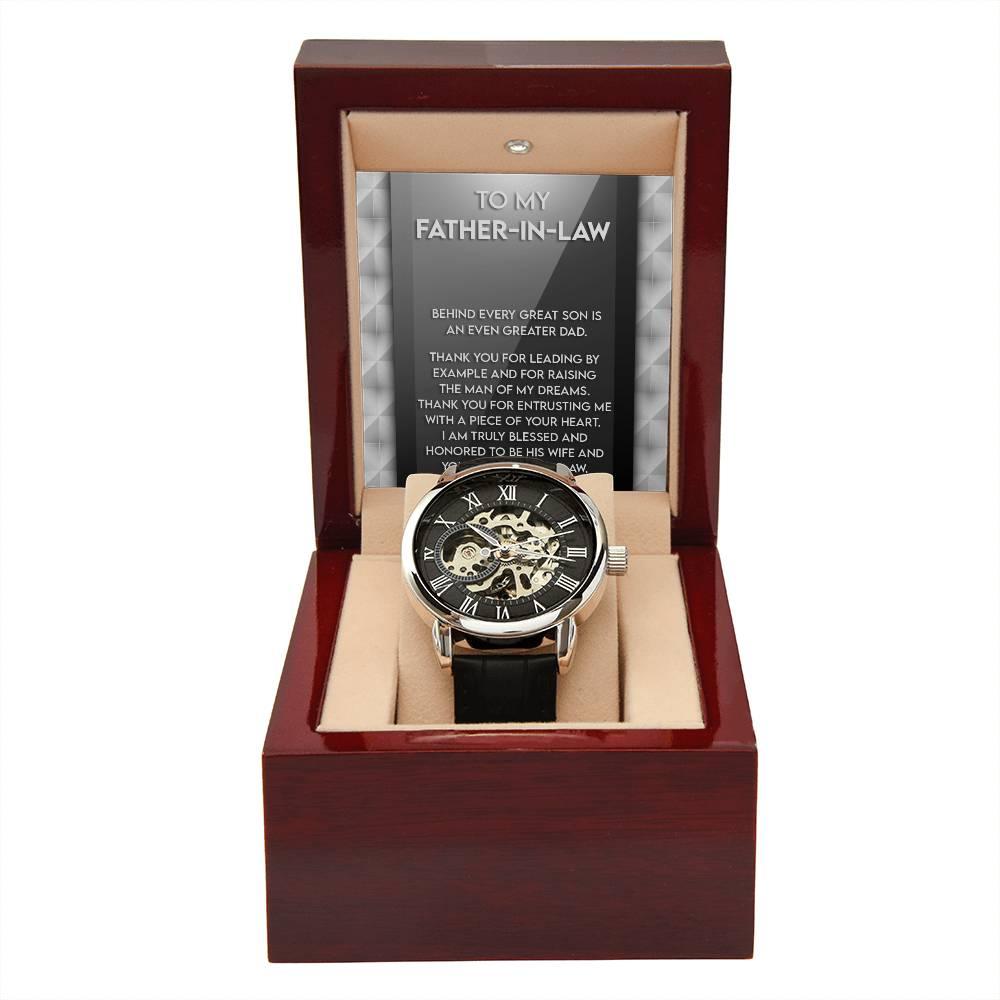 To My Father-in-Law Behind every Great Son is an Even Greater Dad Men's Openwork Watch with Gift Box