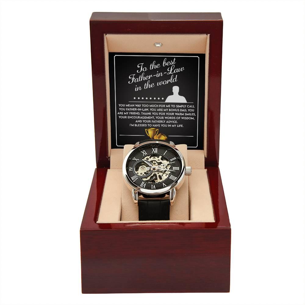 To the Best Father-In-Law My Bonus Dad, My Best Friend Men's Openwork Watch with Gift Box