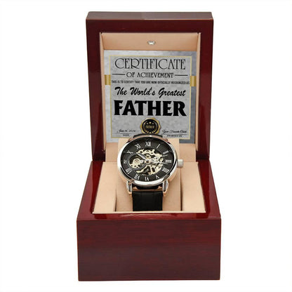 Dad Certificate of Achievement for the World's Greatest Father Men's Openwork Watch with Gift Box