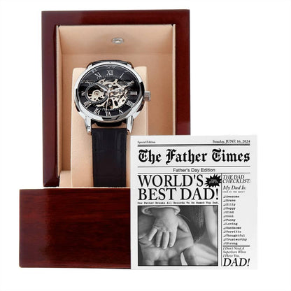 Dad Gift - Headline on The Father Times - World's Best Dad Men's Openwork Watch with Gift Box