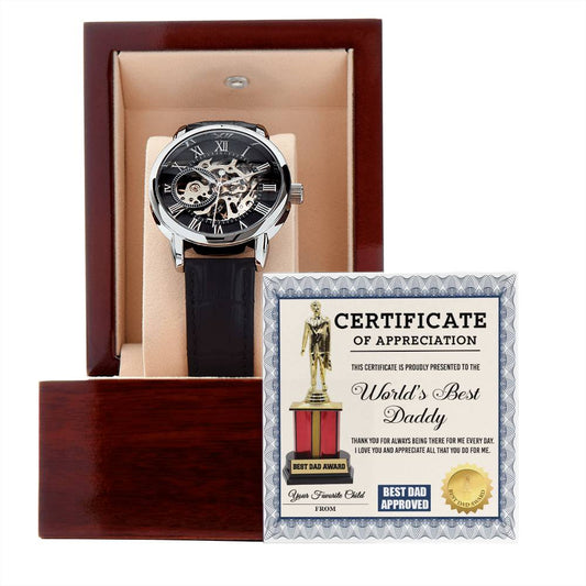 Certificate of The World's Best Daddy Men's Openwork Watch with Gift Box