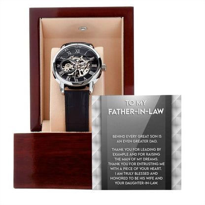 To My Father-in-Law Behind every Great Son is an Even Greater Dad Men's Openwork Watch with Gift Box