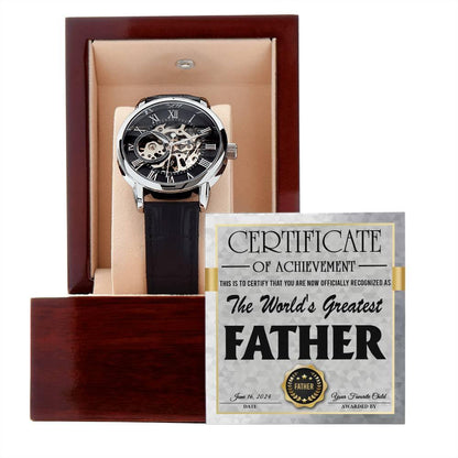 Dad Certificate of Achievement for the World's Greatest Father Men's Openwork Watch with Gift Box