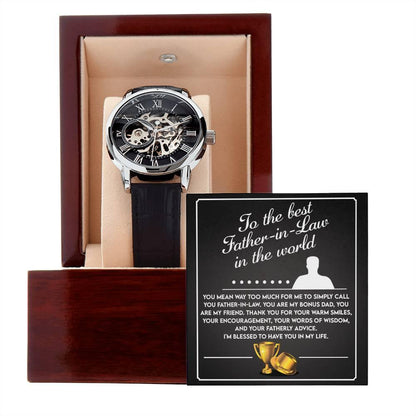 To the Best Father-In-Law My Bonus Dad, My Best Friend Men's Openwork Watch with Gift Box