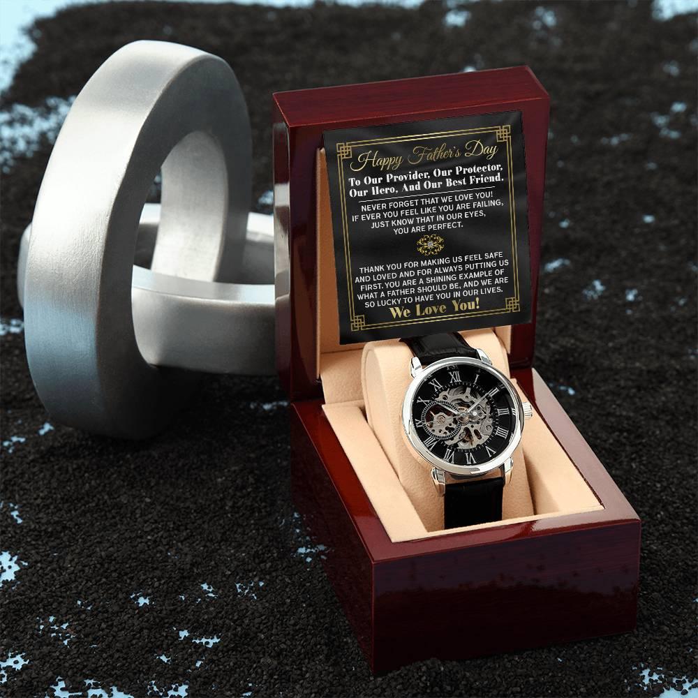 Dad Gift -Our Provider, Protector, Hero, Best Friend Men's Openwork Watch with Gift Box