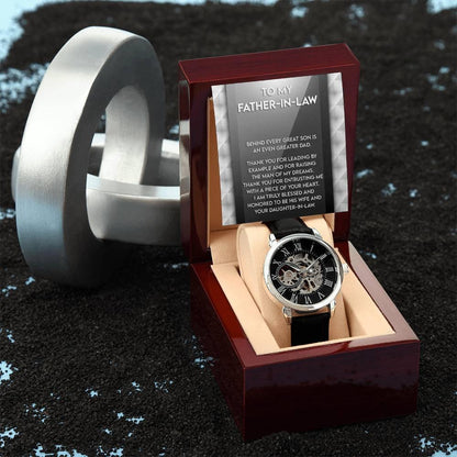 To My Father-in-Law Behind every Great Son is an Even Greater Dad Men's Openwork Watch with Gift Box