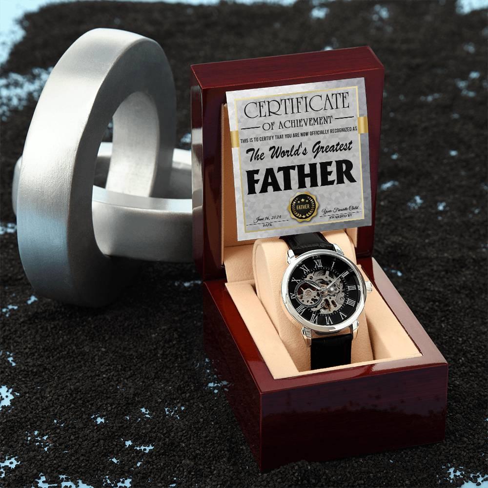 Dad Certificate of Achievement for the World's Greatest Father Men's Openwork Watch with Gift Box