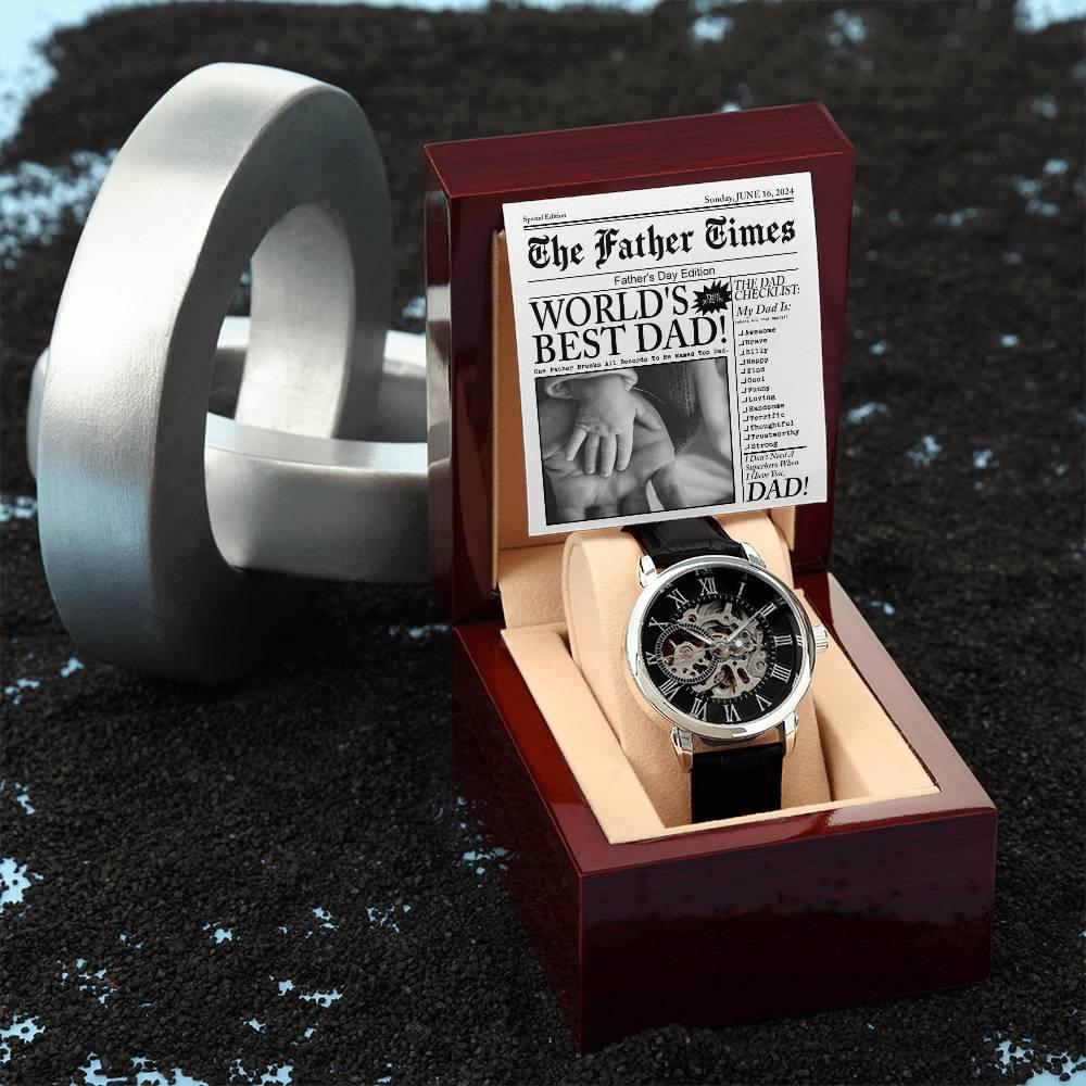 Dad Gift - Headline on The Father Times - World's Best Dad Men's Openwork Watch with Gift Box