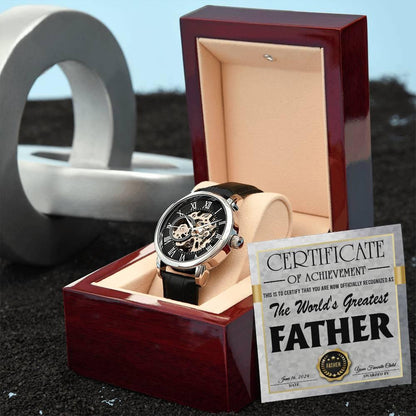 Dad Certificate of Achievement for the World's Greatest Father Men's Openwork Watch with Gift Box