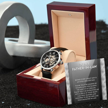 To My Father-in-Law Behind every Great Son is an Even Greater Dad Men's Openwork Watch with Gift Box