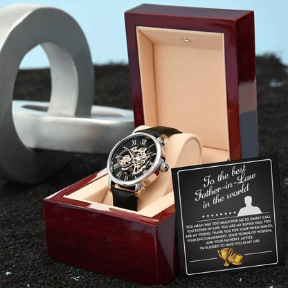 To the Best Father-In-Law My Bonus Dad, My Best Friend Men's Openwork Watch with Gift Box